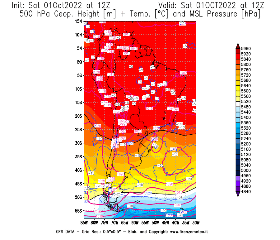 Mappa di analisi GFS - Geopotenziale [m] + Temp. [°C] a 500 hPa + Press. a livello del mare [hPa] in Sud-America
							del 01/10/2022 12 <!--googleoff: index-->UTC<!--googleon: index-->