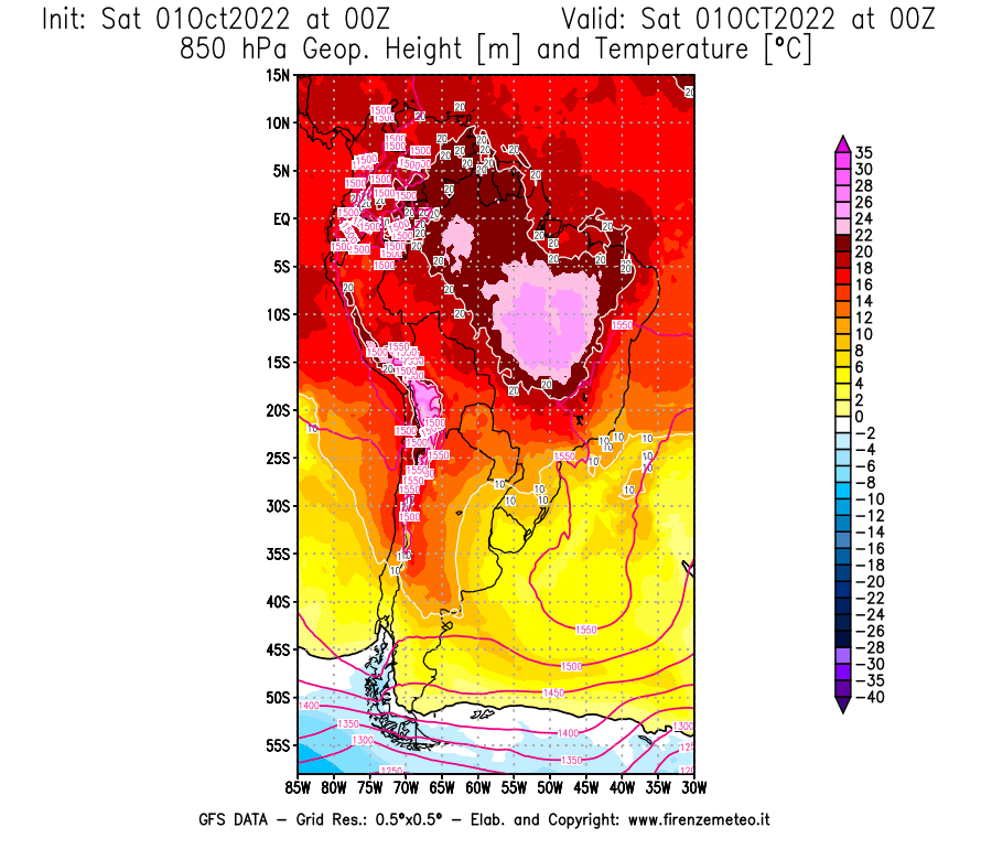 Mappa di analisi GFS - Geopotenziale [m] e Temperatura [°C] a 850 hPa in Sud-America
							del 01/10/2022 00 <!--googleoff: index-->UTC<!--googleon: index-->