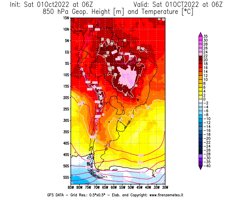 Mappa di analisi GFS - Geopotenziale [m] e Temperatura [°C] a 850 hPa in Sud-America
							del 01/10/2022 06 <!--googleoff: index-->UTC<!--googleon: index-->