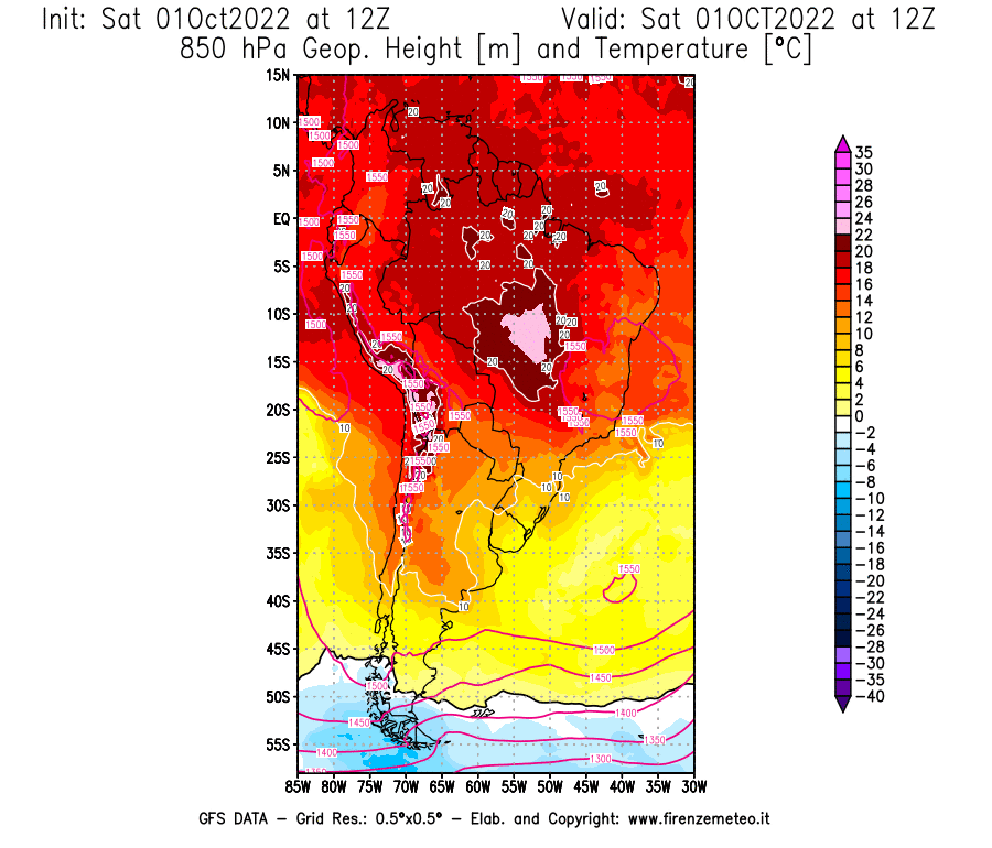 Mappa di analisi GFS - Geopotenziale [m] e Temperatura [°C] a 850 hPa in Sud-America
							del 01/10/2022 12 <!--googleoff: index-->UTC<!--googleon: index-->