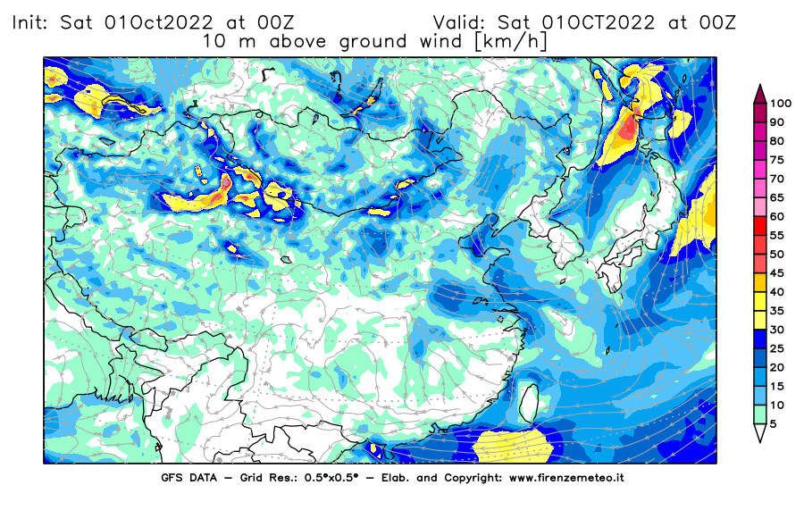 Mappa di analisi GFS - Velocità del vento a 10 metri dal suolo [km/h] in Asia Orientale
							del 01/10/2022 00 <!--googleoff: index-->UTC<!--googleon: index-->