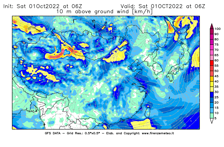 Mappa di analisi GFS - Velocità del vento a 10 metri dal suolo [km/h] in Asia Orientale
							del 01/10/2022 06 <!--googleoff: index-->UTC<!--googleon: index-->