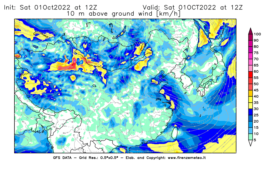 Mappa di analisi GFS - Velocità del vento a 10 metri dal suolo [km/h] in Asia Orientale
							del 01/10/2022 12 <!--googleoff: index-->UTC<!--googleon: index-->
