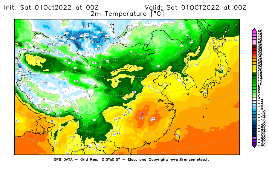 Mappa di analisi GFS - Temperatura a 2 metri dal suolo [°C] in Asia Orientale
							del 01/10/2022 00 <!--googleoff: index-->UTC<!--googleon: index-->