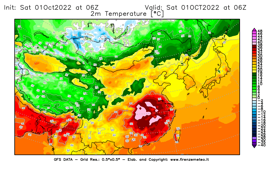 Mappa di analisi GFS - Temperatura a 2 metri dal suolo [°C] in Asia Orientale
							del 01/10/2022 06 <!--googleoff: index-->UTC<!--googleon: index-->
