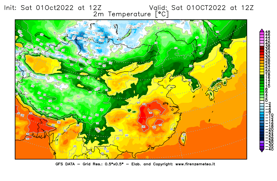 Mappa di analisi GFS - Temperatura a 2 metri dal suolo [°C] in Asia Orientale
							del 01/10/2022 12 <!--googleoff: index-->UTC<!--googleon: index-->