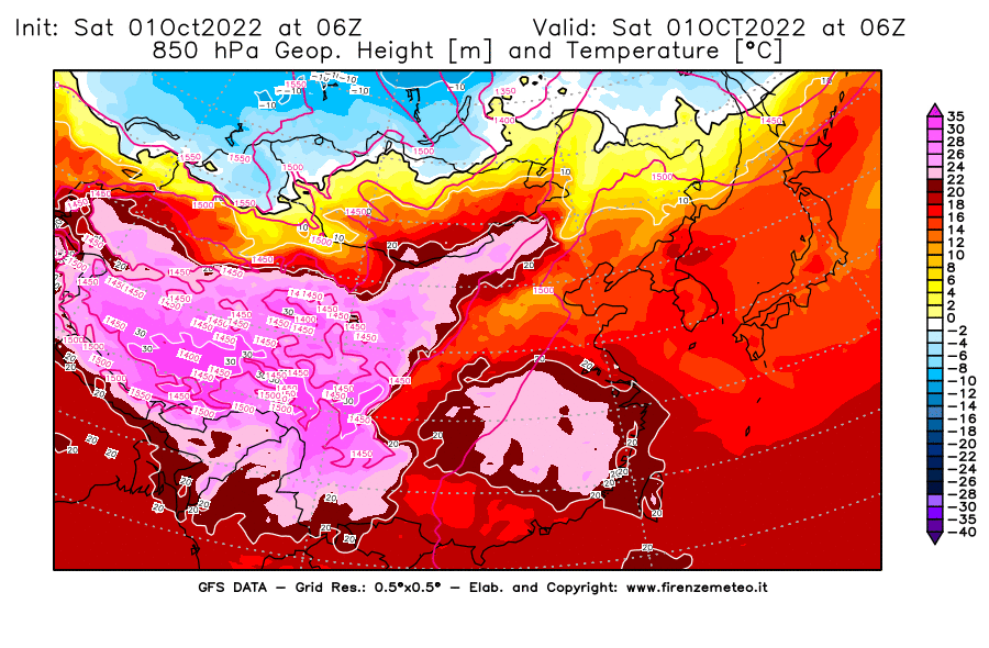 Mappa di analisi GFS - Geopotenziale [m] e Temperatura [°C] a 850 hPa in Asia Orientale
							del 01/10/2022 06 <!--googleoff: index-->UTC<!--googleon: index-->
