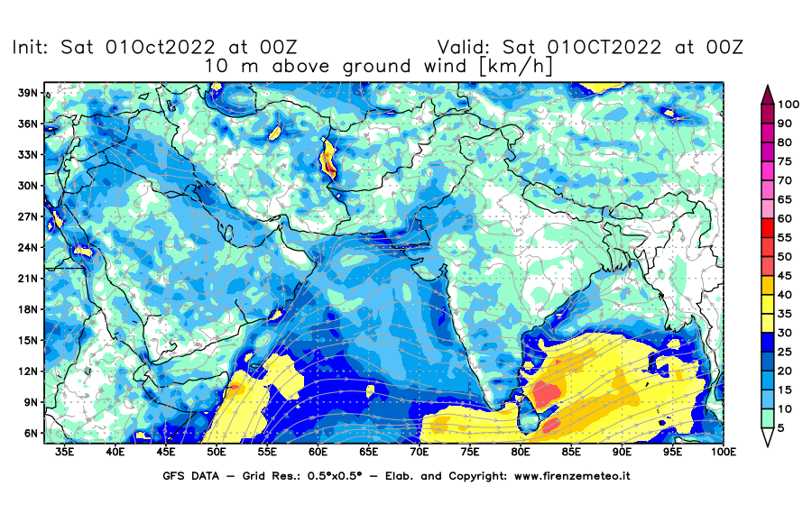 Mappa di analisi GFS - Velocità del vento a 10 metri dal suolo [km/h] in Asia Sud-Occidentale
							del 01/10/2022 00 <!--googleoff: index-->UTC<!--googleon: index-->