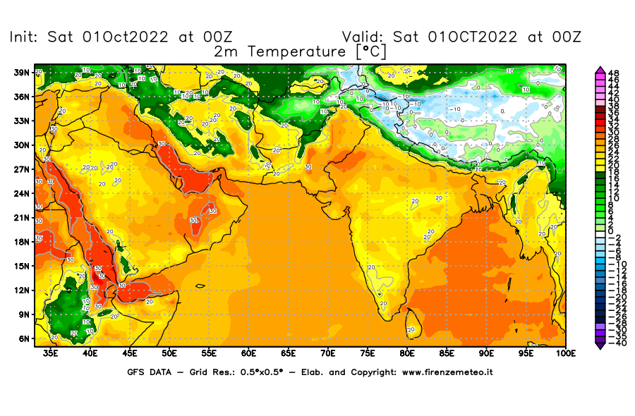 Mappa di analisi GFS - Temperatura a 2 metri dal suolo [°C] in Asia Sud-Occidentale
							del 01/10/2022 00 <!--googleoff: index-->UTC<!--googleon: index-->