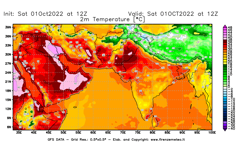 Mappa di analisi GFS - Temperatura a 2 metri dal suolo [°C] in Asia Sud-Occidentale
							del 01/10/2022 12 <!--googleoff: index-->UTC<!--googleon: index-->