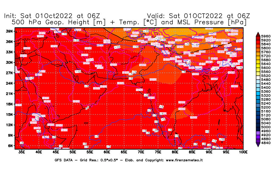 Mappa di analisi GFS - Geopotenziale [m] + Temp. [°C] a 500 hPa + Press. a livello del mare [hPa] in Asia Sud-Occidentale
							del 01/10/2022 06 <!--googleoff: index-->UTC<!--googleon: index-->