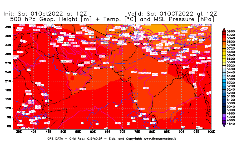 Mappa di analisi GFS - Geopotenziale [m] + Temp. [°C] a 500 hPa + Press. a livello del mare [hPa] in Asia Sud-Occidentale
							del 01/10/2022 12 <!--googleoff: index-->UTC<!--googleon: index-->