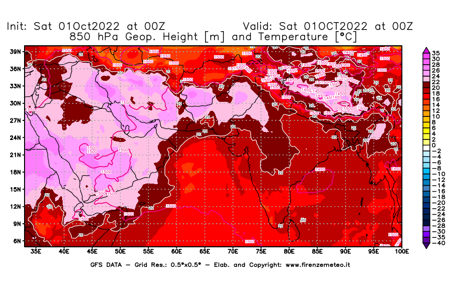 Mappa di analisi GFS - Geopotenziale [m] e Temperatura [°C] a 850 hPa in Asia Sud-Occidentale
							del 01/10/2022 00 <!--googleoff: index-->UTC<!--googleon: index-->