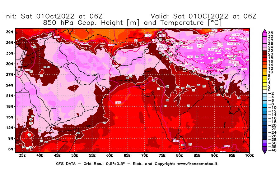 Mappa di analisi GFS - Geopotenziale [m] e Temperatura [°C] a 850 hPa in Asia Sud-Occidentale
							del 01/10/2022 06 <!--googleoff: index-->UTC<!--googleon: index-->