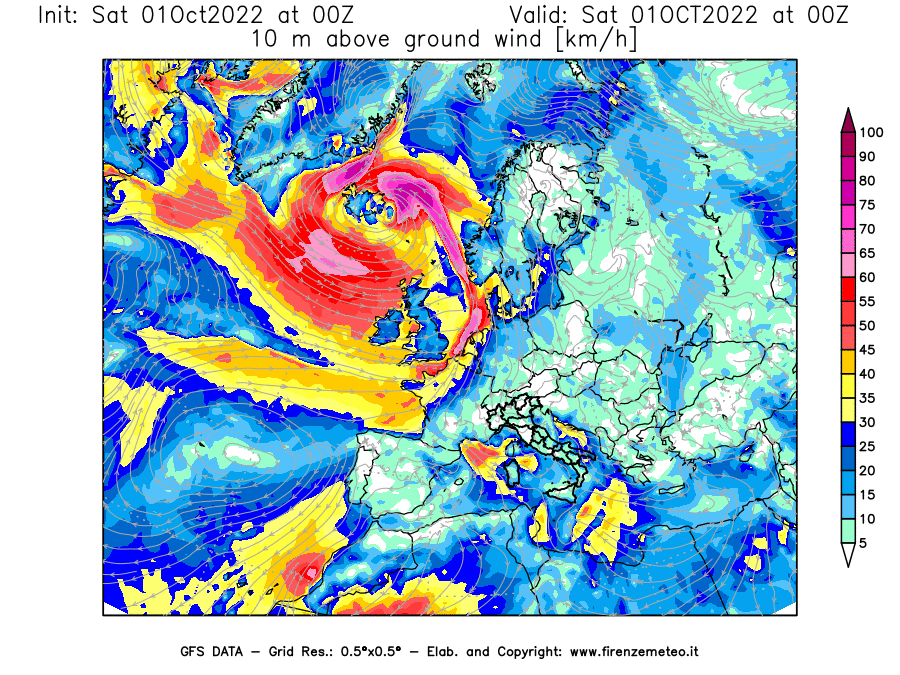 Mappa di analisi GFS - Velocità del vento a 10 metri dal suolo [km/h] in Europa
							del 01/10/2022 00 <!--googleoff: index-->UTC<!--googleon: index-->