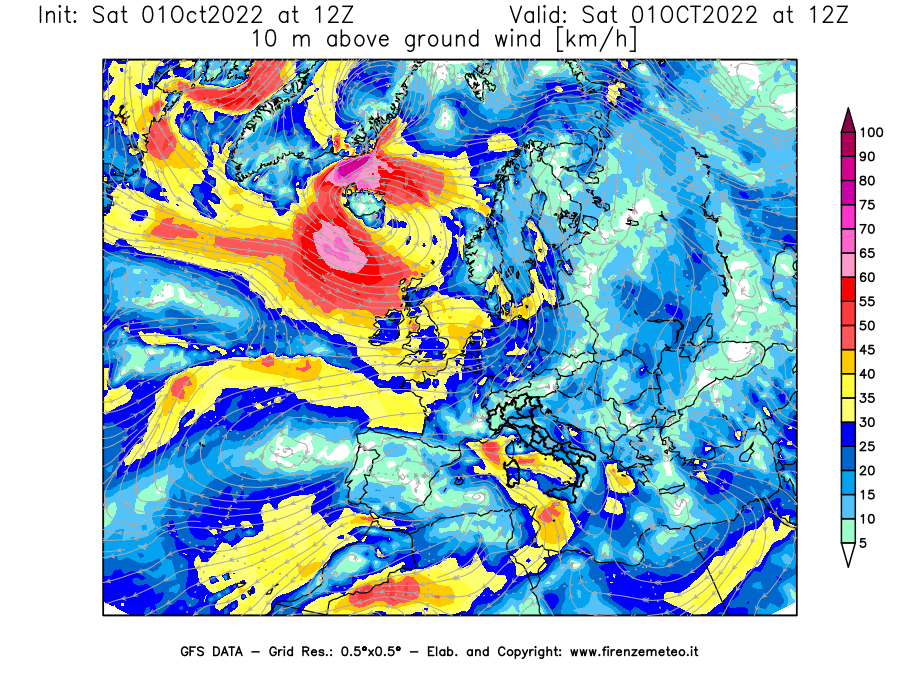 Mappa di analisi GFS - Velocità del vento a 10 metri dal suolo [km/h] in Europa
							del 01/10/2022 12 <!--googleoff: index-->UTC<!--googleon: index-->