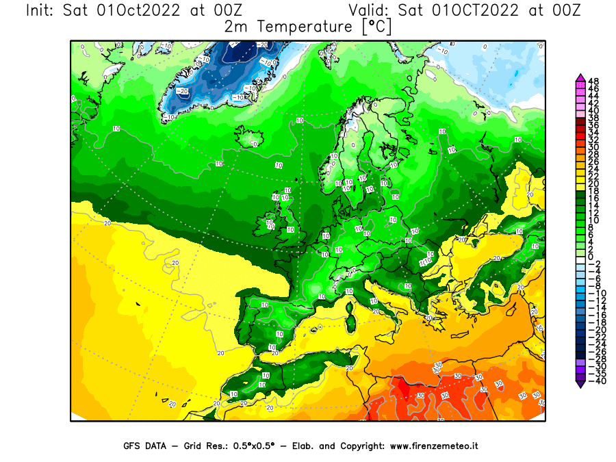 Mappa di analisi GFS - Temperatura a 2 metri dal suolo [°C] in Europa
							del 01/10/2022 00 <!--googleoff: index-->UTC<!--googleon: index-->