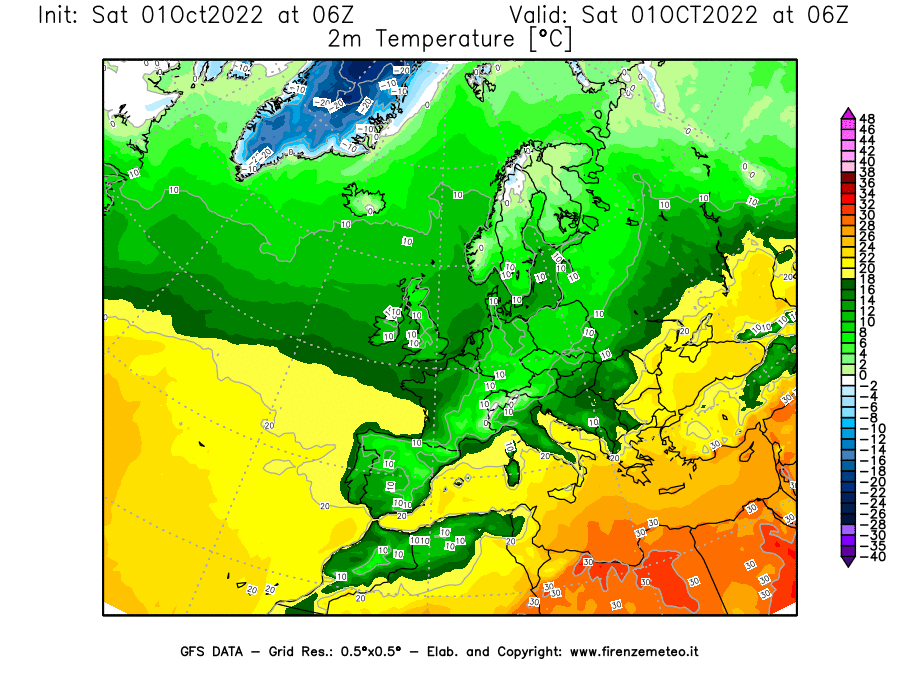 Mappa di analisi GFS - Temperatura a 2 metri dal suolo [°C] in Europa
							del 01/10/2022 06 <!--googleoff: index-->UTC<!--googleon: index-->