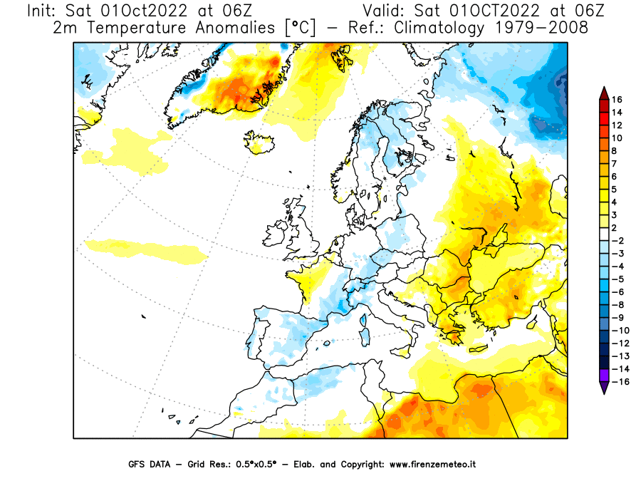 Mappa di analisi GFS - Anomalia Temperatura [°C] a 2 m in Europa
							del 01/10/2022 06 <!--googleoff: index-->UTC<!--googleon: index-->
