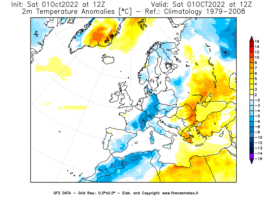 Mappa di analisi GFS - Anomalia Temperatura [°C] a 2 m in Europa
							del 01/10/2022 12 <!--googleoff: index-->UTC<!--googleon: index-->