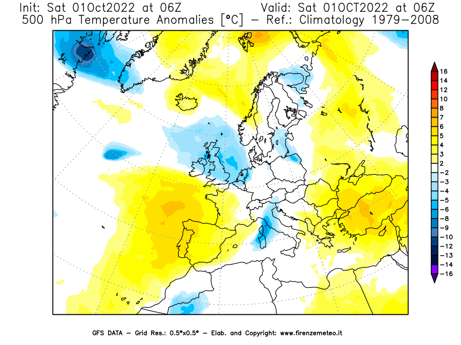 Mappa di analisi GFS - Anomalia Temperatura [°C] a 500 hPa in Europa
							del 01/10/2022 06 <!--googleoff: index-->UTC<!--googleon: index-->
