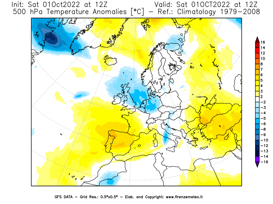 Mappa di analisi GFS - Anomalia Temperatura [°C] a 500 hPa in Europa
							del 01/10/2022 12 <!--googleoff: index-->UTC<!--googleon: index-->