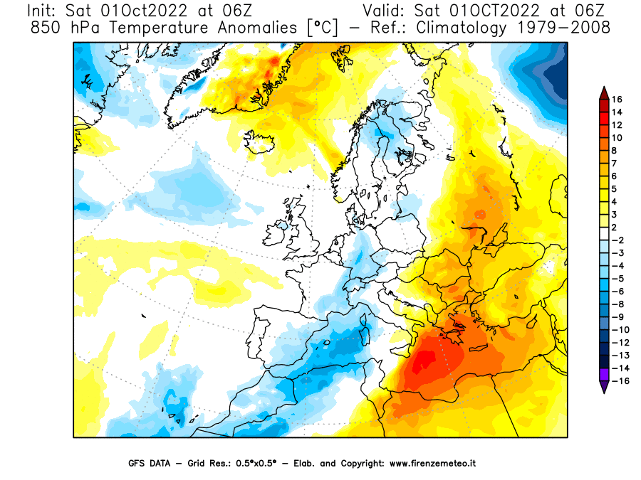 Mappa di analisi GFS - Anomalia Temperatura [°C] a 850 hPa in Europa
							del 01/10/2022 06 <!--googleoff: index-->UTC<!--googleon: index-->