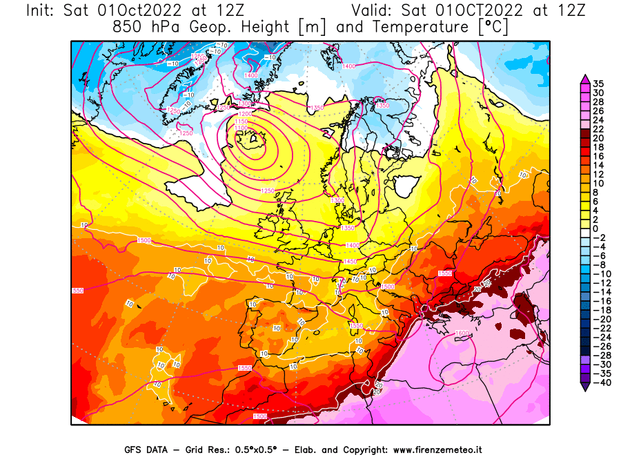 Mappa di analisi GFS - Geopotenziale [m] e Temperatura [°C] a 850 hPa in Europa
							del 01/10/2022 12 <!--googleoff: index-->UTC<!--googleon: index-->