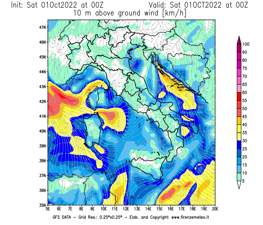 Mappa di analisi GFS - Velocità del vento a 10 metri dal suolo [km/h] in Italia
							del 01/10/2022 00 <!--googleoff: index-->UTC<!--googleon: index-->