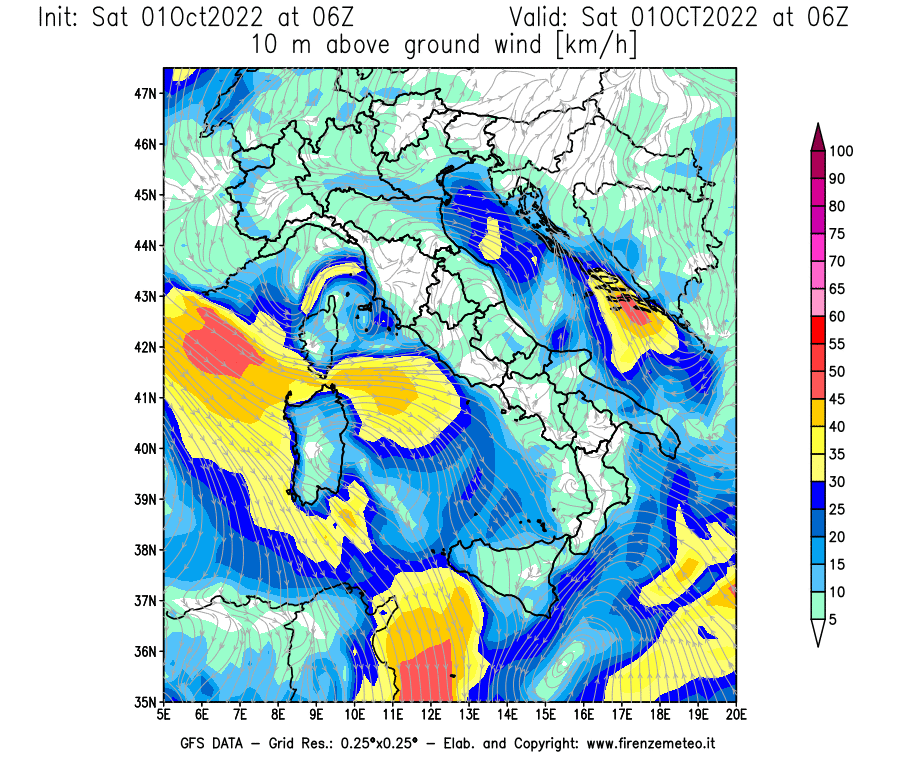 Mappa di analisi GFS - Velocità del vento a 10 metri dal suolo [km/h] in Italia
							del 01/10/2022 06 <!--googleoff: index-->UTC<!--googleon: index-->