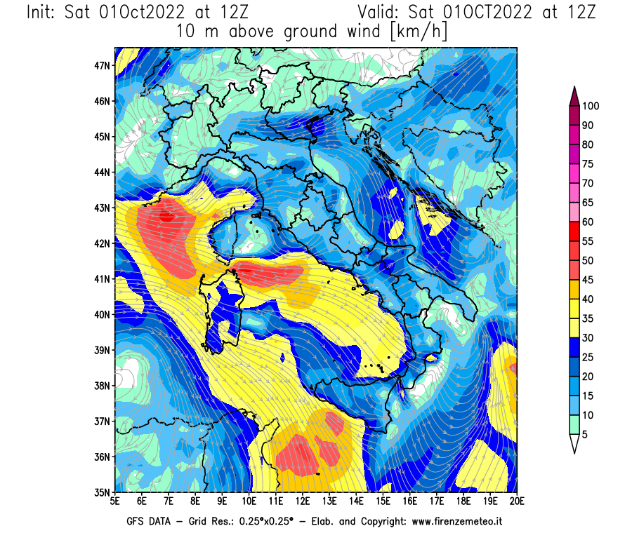 Mappa di analisi GFS - Velocità del vento a 10 metri dal suolo [km/h] in Italia
							del 01/10/2022 12 <!--googleoff: index-->UTC<!--googleon: index-->