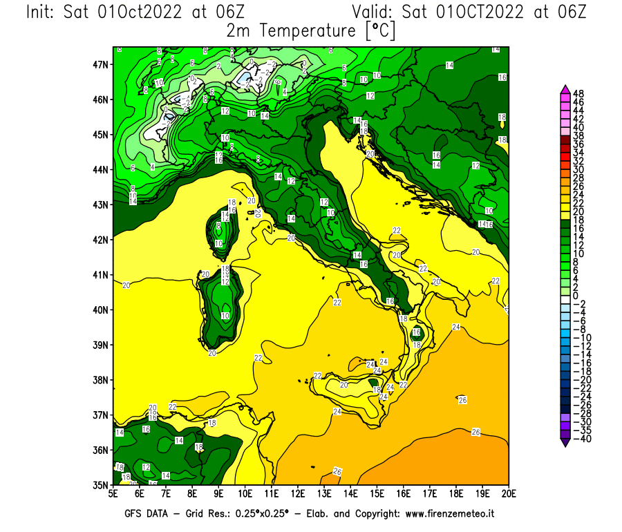 Mappa di analisi GFS - Temperatura a 2 metri dal suolo [°C] in Italia
							del 01/10/2022 06 <!--googleoff: index-->UTC<!--googleon: index-->