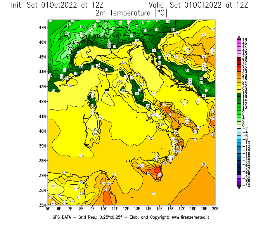 Mappa di analisi GFS - Temperatura a 2 metri dal suolo [°C] in Italia
							del 01/10/2022 12 <!--googleoff: index-->UTC<!--googleon: index-->