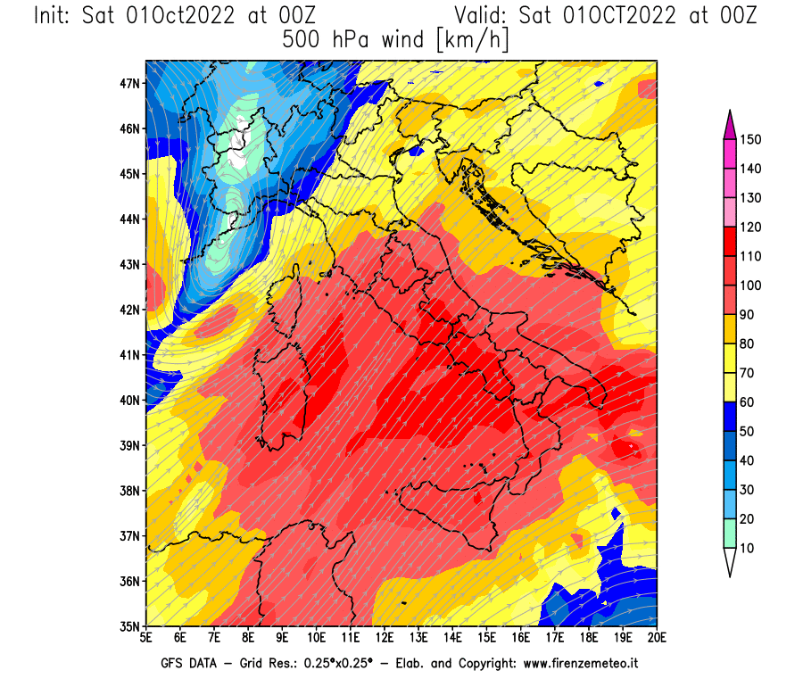 Mappa di analisi GFS - Velocità del vento a 500 hPa [km/h] in Italia
							del 01/10/2022 00 <!--googleoff: index-->UTC<!--googleon: index-->