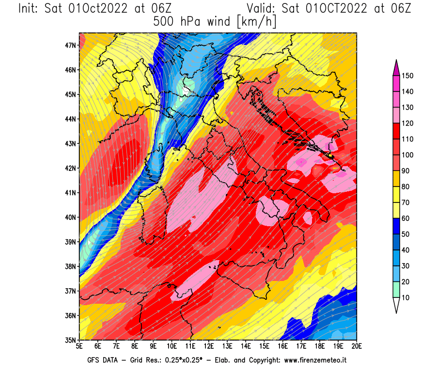 Mappa di analisi GFS - Velocità del vento a 500 hPa [km/h] in Italia
							del 01/10/2022 06 <!--googleoff: index-->UTC<!--googleon: index-->
