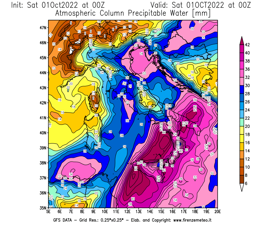 Mappa di analisi GFS - Precipitable Water [mm] in Italia
							del 01/10/2022 00 <!--googleoff: index-->UTC<!--googleon: index-->