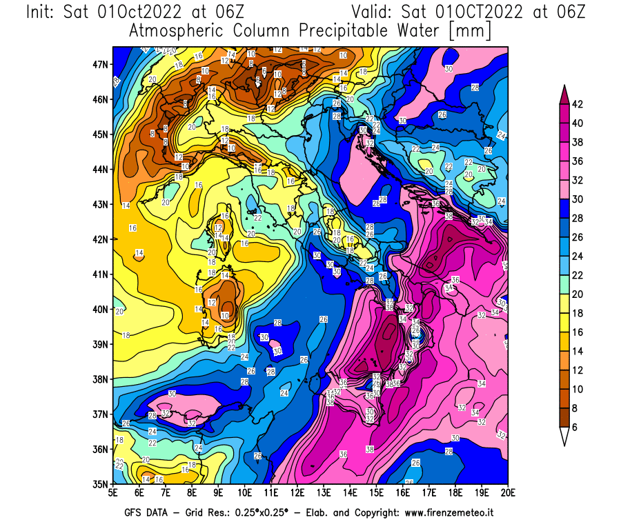 Mappa di analisi GFS - Precipitable Water [mm] in Italia
							del 01/10/2022 06 <!--googleoff: index-->UTC<!--googleon: index-->