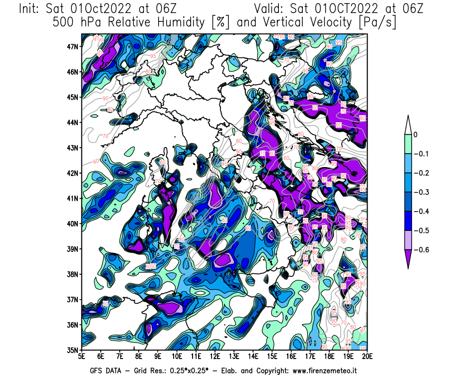 Mappa di analisi GFS - Umidità relativa [%] e Omega [Pa/s] a 500 hPa in Italia
							del 01/10/2022 06 <!--googleoff: index-->UTC<!--googleon: index-->
