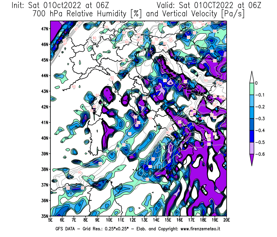 Mappa di analisi GFS - Umidità relativa [%] e Omega [Pa/s] a 700 hPa in Italia
							del 01/10/2022 06 <!--googleoff: index-->UTC<!--googleon: index-->