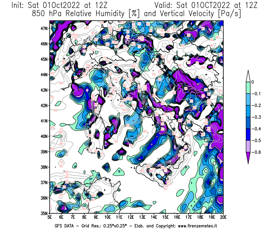 Mappa di analisi GFS - Umidità relativa [%] e Omega [Pa/s] a 850 hPa in Italia
							del 01/10/2022 12 <!--googleoff: index-->UTC<!--googleon: index-->