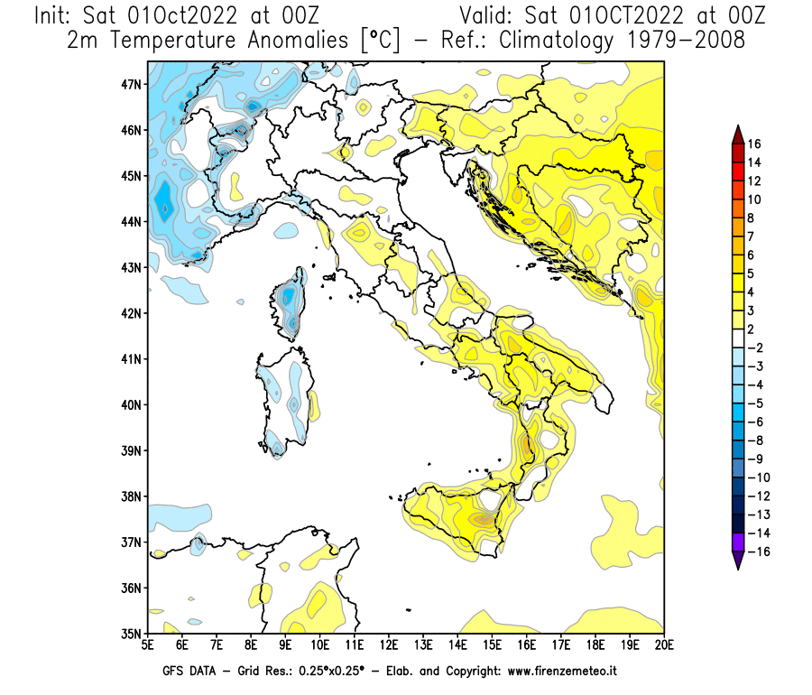 Mappa di analisi GFS - Anomalia Temperatura [°C] a 2 m in Italia
							del 01/10/2022 00 <!--googleoff: index-->UTC<!--googleon: index-->
