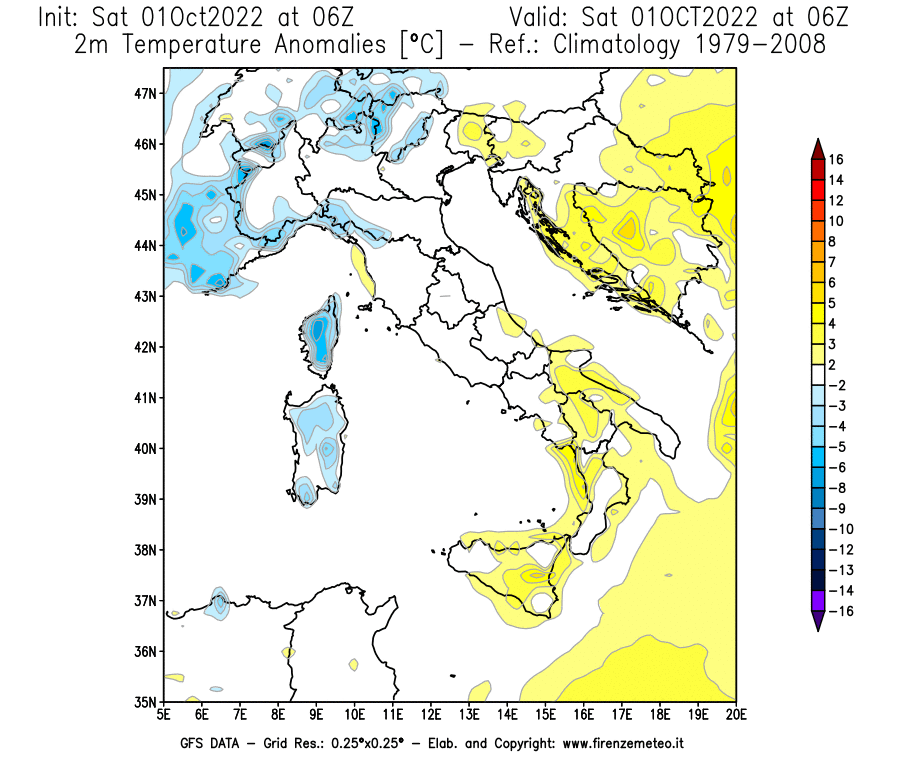 Mappa di analisi GFS - Anomalia Temperatura [°C] a 2 m in Italia
							del 01/10/2022 06 <!--googleoff: index-->UTC<!--googleon: index-->