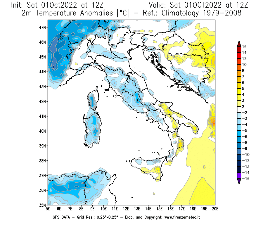 Mappa di analisi GFS - Anomalia Temperatura [°C] a 2 m in Italia
							del 01/10/2022 12 <!--googleoff: index-->UTC<!--googleon: index-->