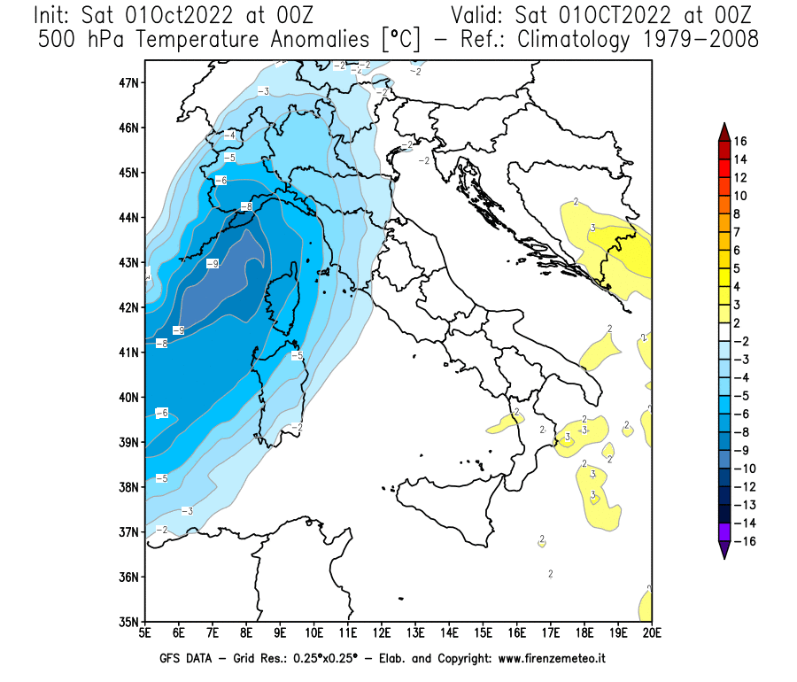 Mappa di analisi GFS - Anomalia Temperatura [°C] a 500 hPa in Italia
							del 01/10/2022 00 <!--googleoff: index-->UTC<!--googleon: index-->
