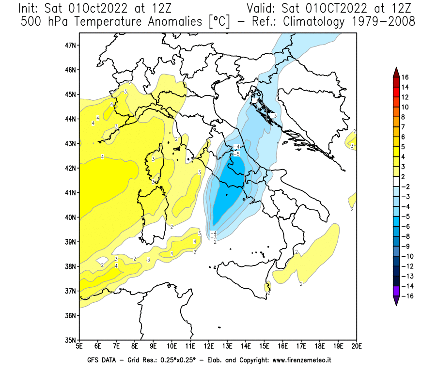Mappa di analisi GFS - Anomalia Temperatura [°C] a 500 hPa in Italia
							del 01/10/2022 12 <!--googleoff: index-->UTC<!--googleon: index-->