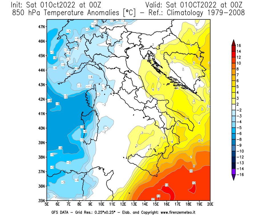 Mappa di analisi GFS - Anomalia Temperatura [°C] a 850 hPa in Italia
							del 01/10/2022 00 <!--googleoff: index-->UTC<!--googleon: index-->