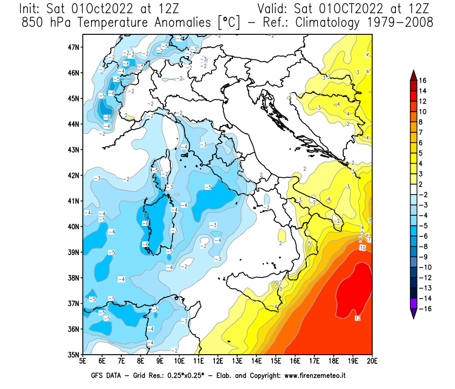Mappa di analisi GFS - Anomalia Temperatura [°C] a 850 hPa in Italia
							del 01/10/2022 12 <!--googleoff: index-->UTC<!--googleon: index-->