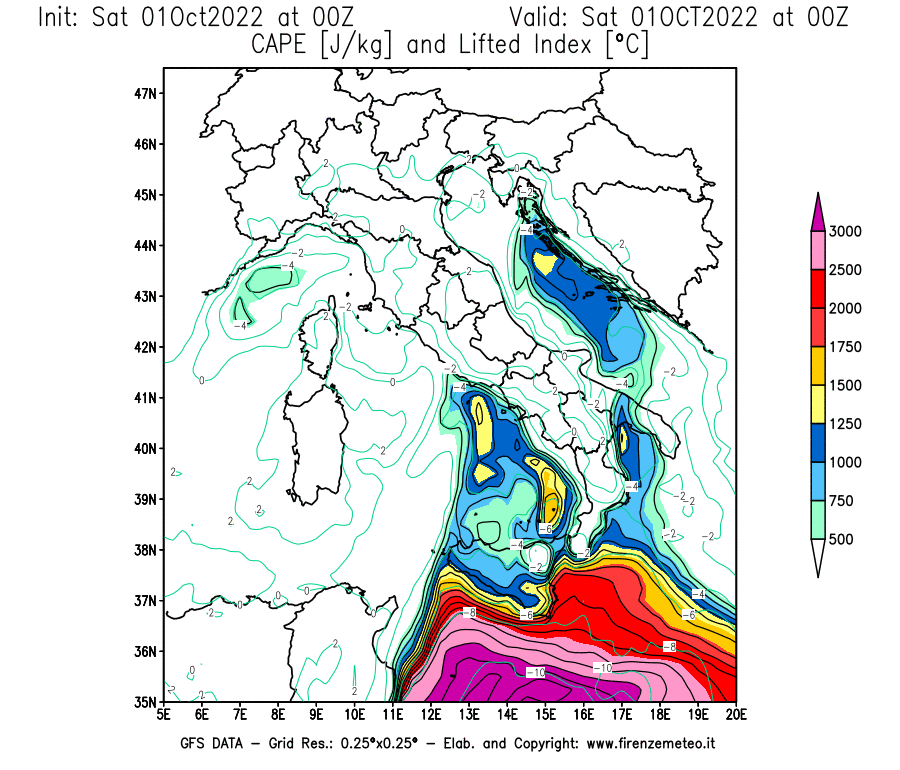 Mappa di analisi GFS - CAPE [J/kg] e Lifted Index [°C] in Italia
							del 01/10/2022 00 <!--googleoff: index-->UTC<!--googleon: index-->