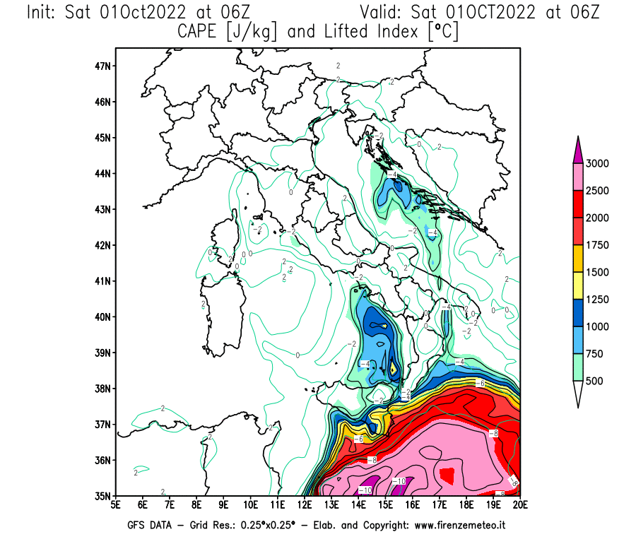 Mappa di analisi GFS - CAPE [J/kg] e Lifted Index [°C] in Italia
							del 01/10/2022 06 <!--googleoff: index-->UTC<!--googleon: index-->