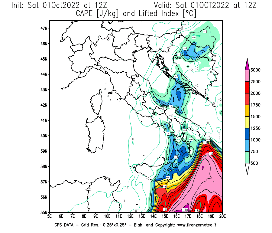 Mappa di analisi GFS - CAPE [J/kg] e Lifted Index [°C] in Italia
							del 01/10/2022 12 <!--googleoff: index-->UTC<!--googleon: index-->